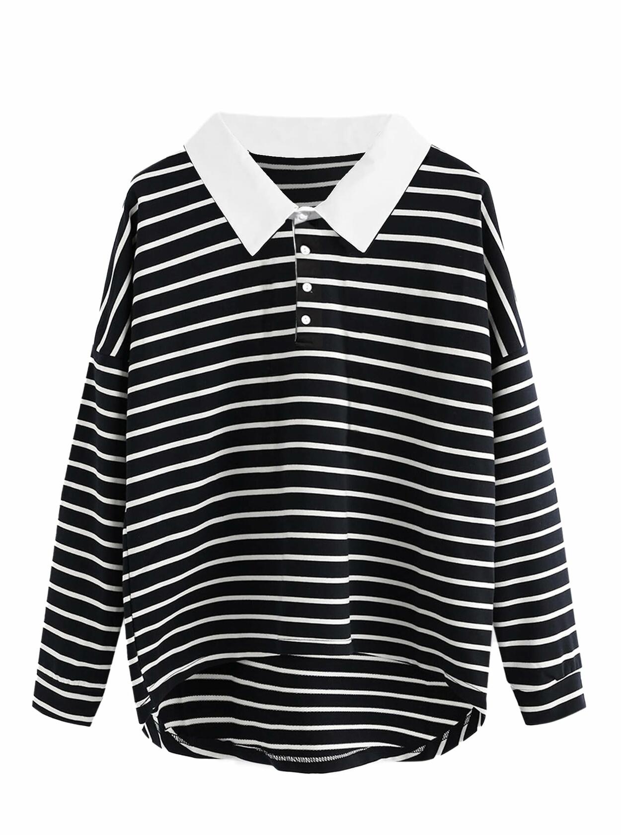LilyCoco Women Long Sleeve Polo Striped Sweatshirt Black Size Small