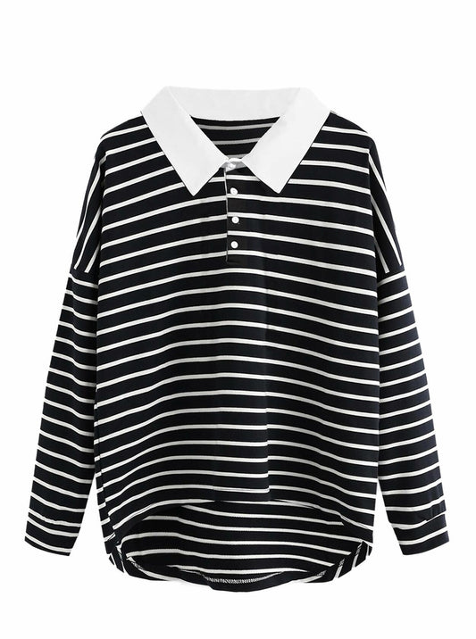 LilyCoco Women Long Sleeve Polo Striped Sweatshirt Black Size Small