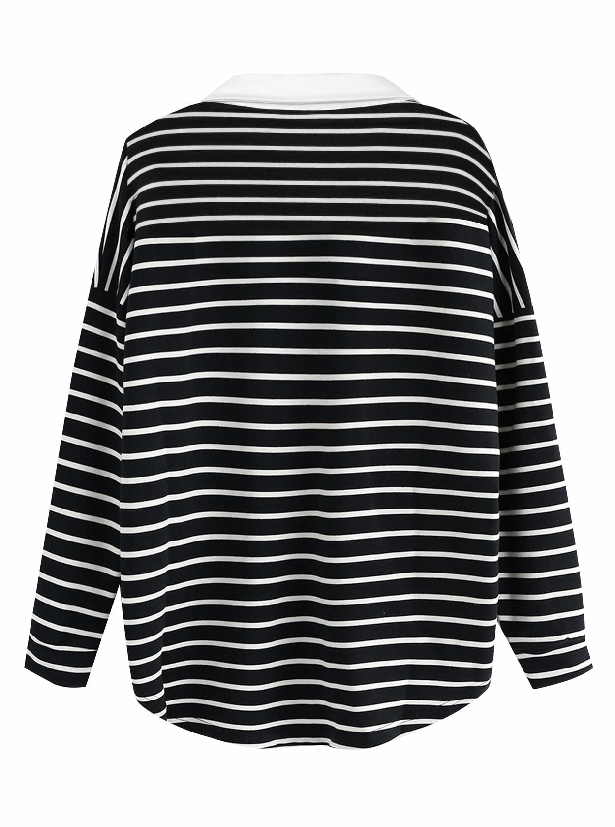 LilyCoco Women Long Sleeve Polo Striped Sweatshirt Black Size Small