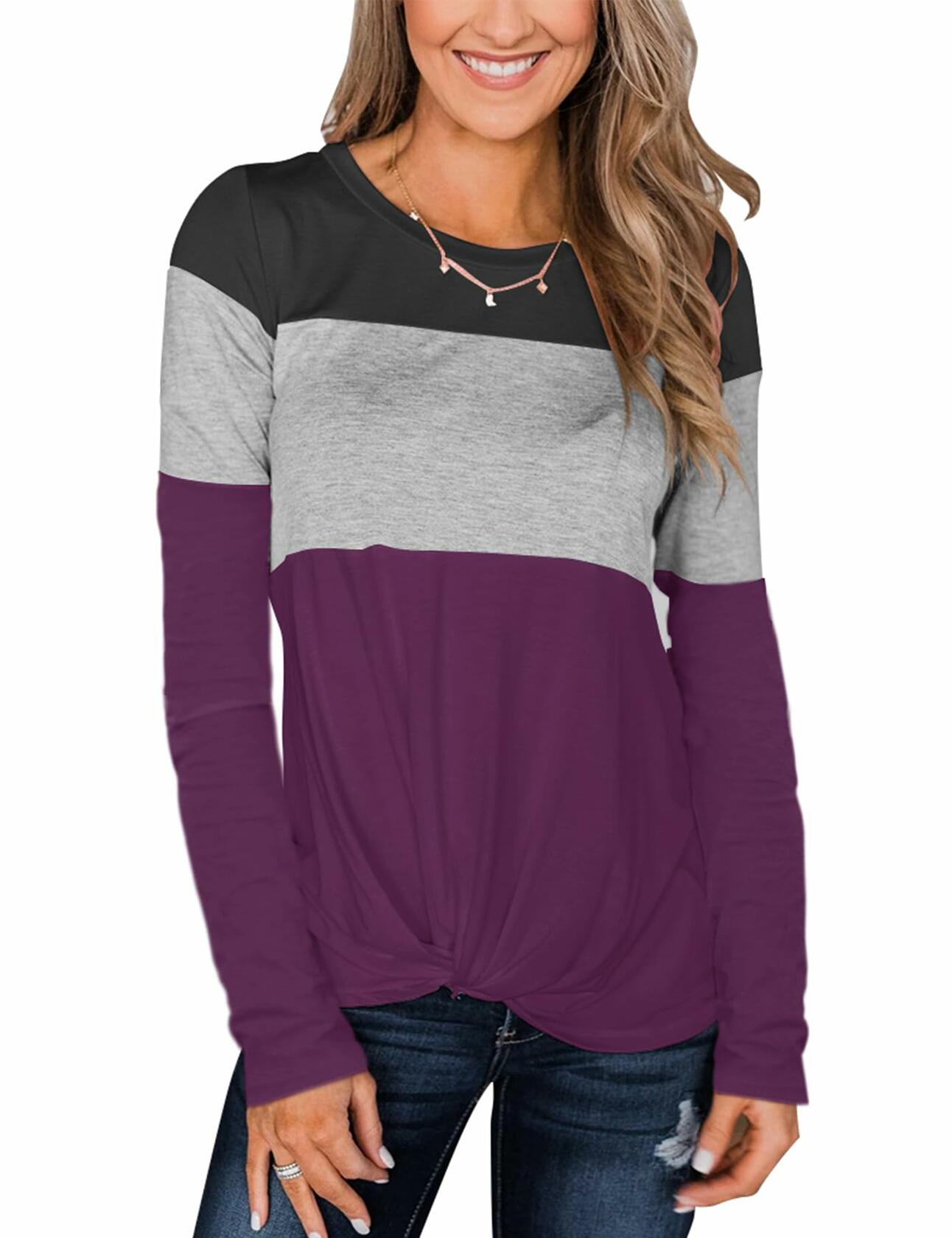 Minthunter Women's Long Sleeve Color Block T Shirt Black-GR-Purple Size L