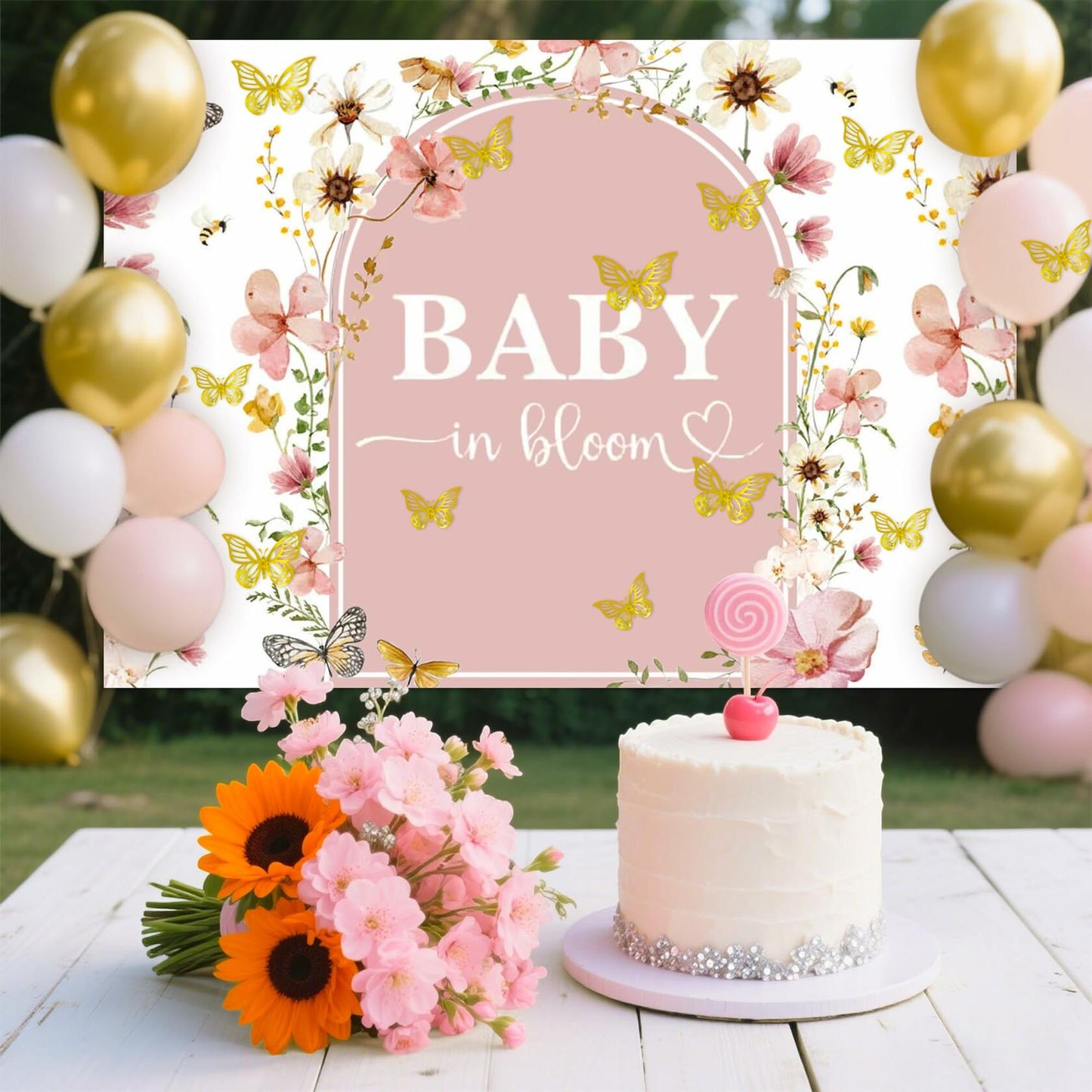BACH AND BOUJEE Wildflower Baby in Bloom Backdrop Banner Pink Floral Decor