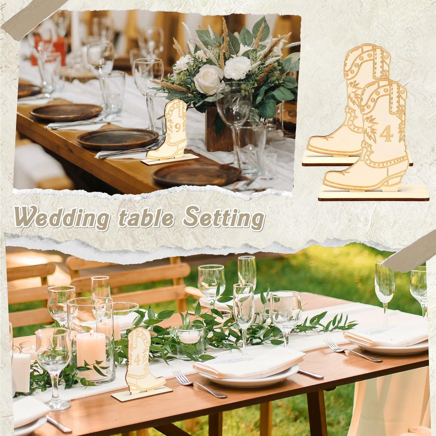 Chunful Wedding Table Numbers 1-10 Wooden Cowboy Boot with Stands Wood Color