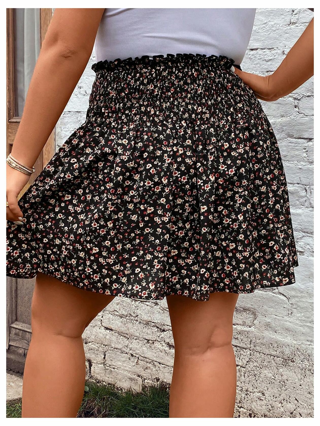 MakeMeChic Plus Size Mini Skirt Ditsy Floral Frill Trim A Line Multicolor 3XL