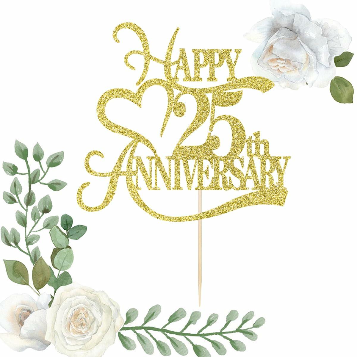 Yetxel Gold Glitter 25th Anniversary Cake Topper - 25th Wedding Anniversary