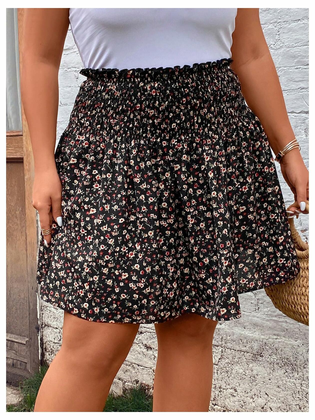 MakeMeChic Plus Size Mini Skirt Ditsy Floral Frill Trim A Line Multicolor 3XL