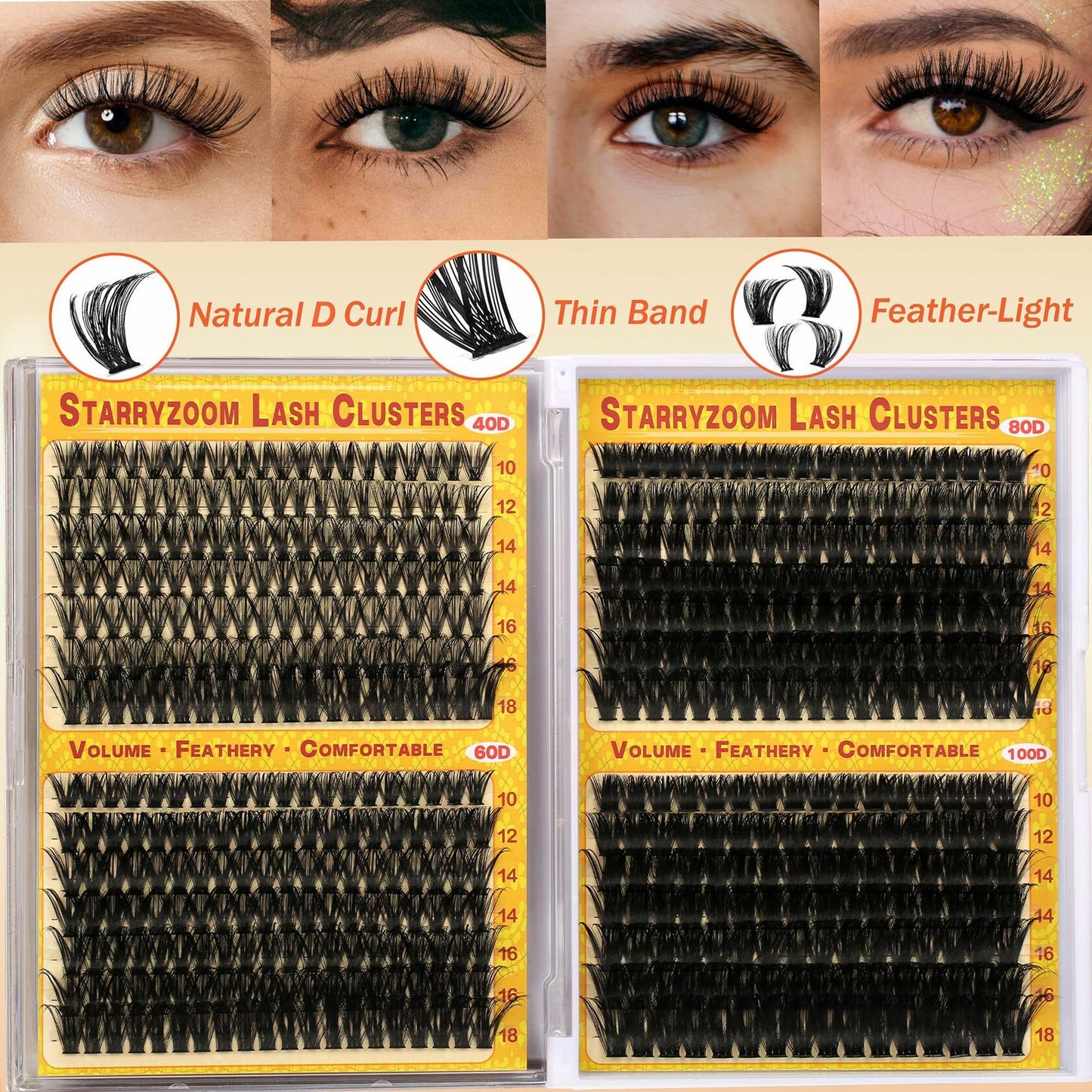 Starryzoom Lash Clusters Kit 525Pcs D-Curl 10-18MM Natural Full Volume