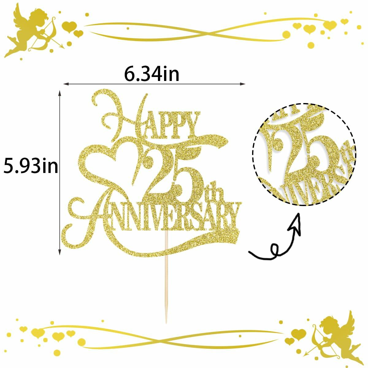 Yetxel Gold Glitter 25th Anniversary Cake Topper - 25th Wedding Anniversary