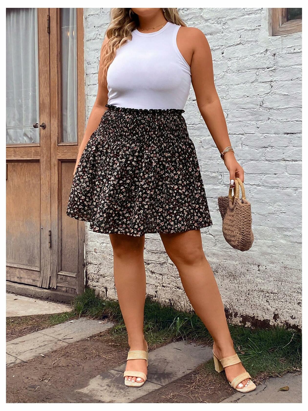 MakeMeChic Plus Size Mini Skirt Ditsy Floral Frill Trim A Line Multicolor 3XL