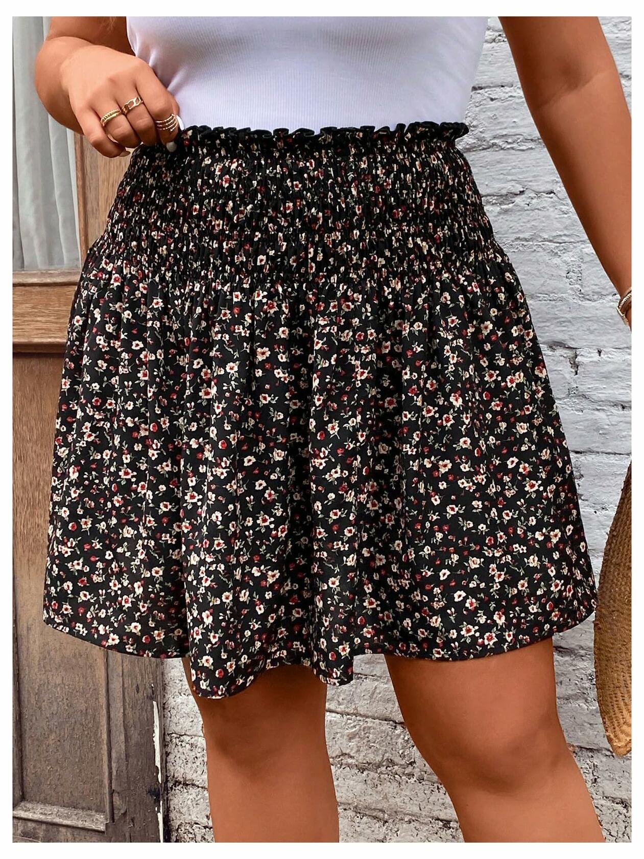 MakeMeChic Plus Size Mini Skirt Ditsy Floral Frill Trim A Line Multicolor 3XL