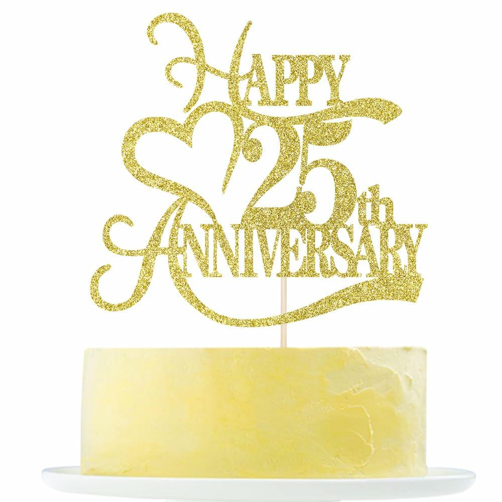 Yetxel Gold Glitter 25th Anniversary Cake Topper - 25th Wedding Anniversary