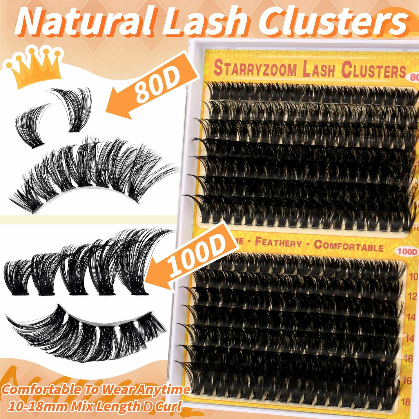 Starryzoom Lash Clusters Kit 525Pcs D-Curl 10-18MM Natural Full Volume