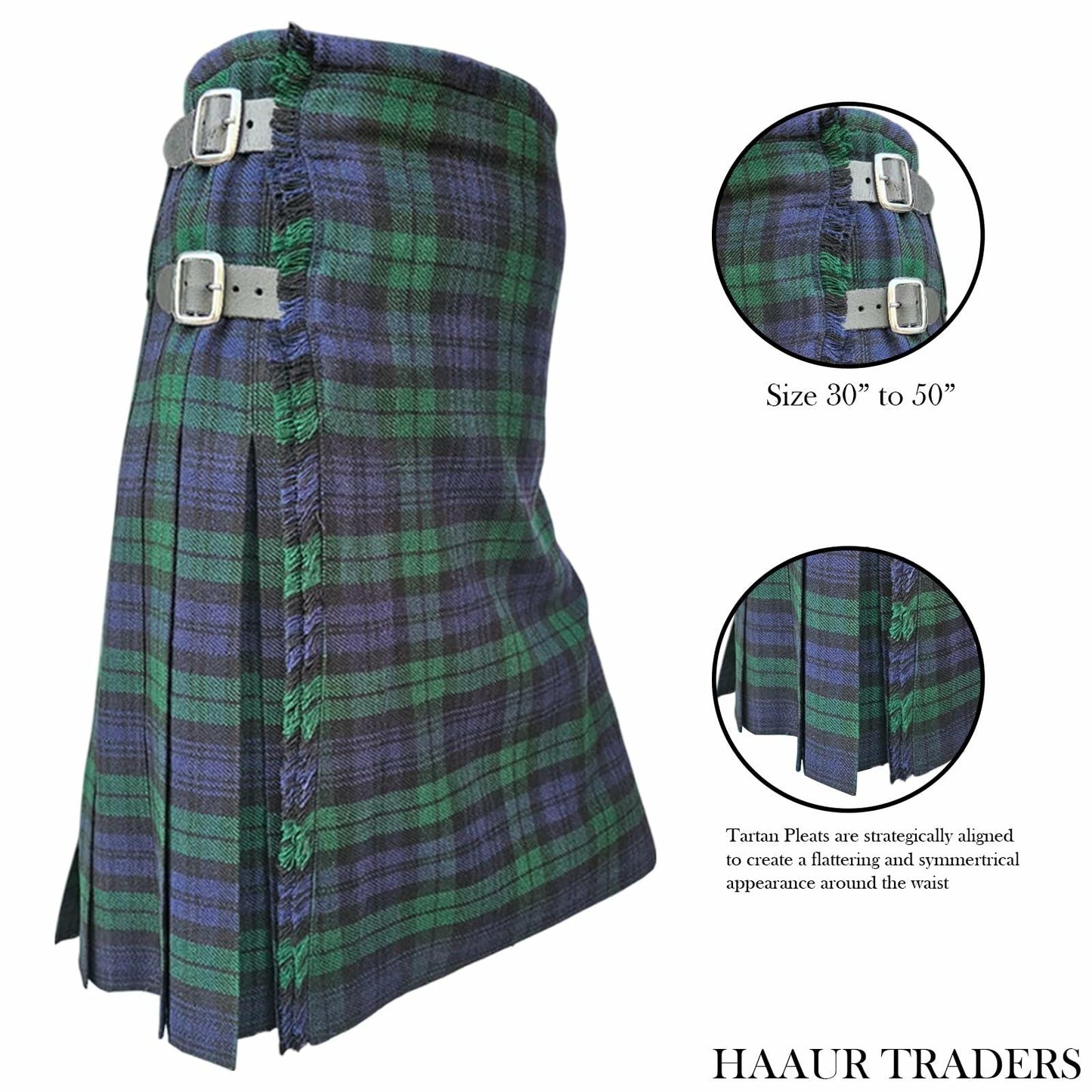 HAAUR TRADERS Scottish Tartan Men's Kilt Black Watch Leather Straps Size 38