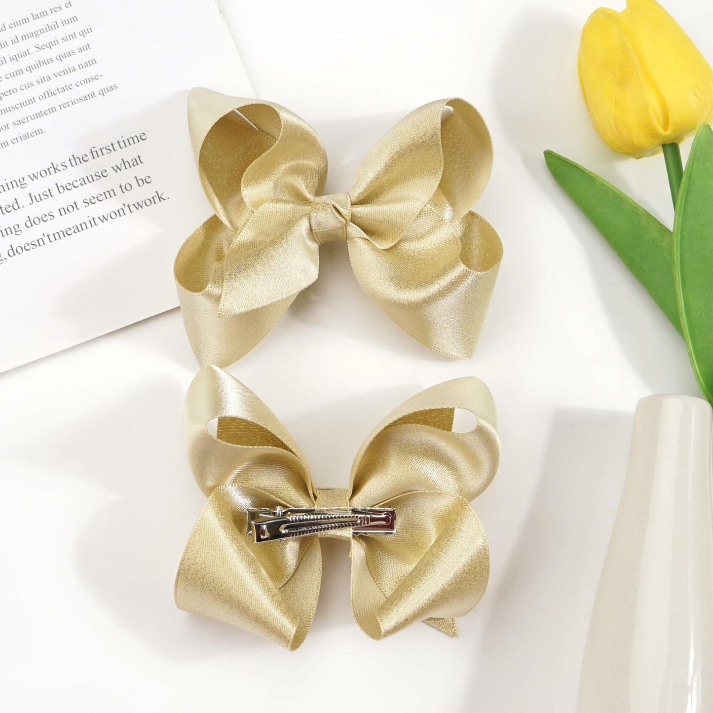 CÉLLOT 4.5" Shining Gold Hair Bows Alligator Clips 2 Pack