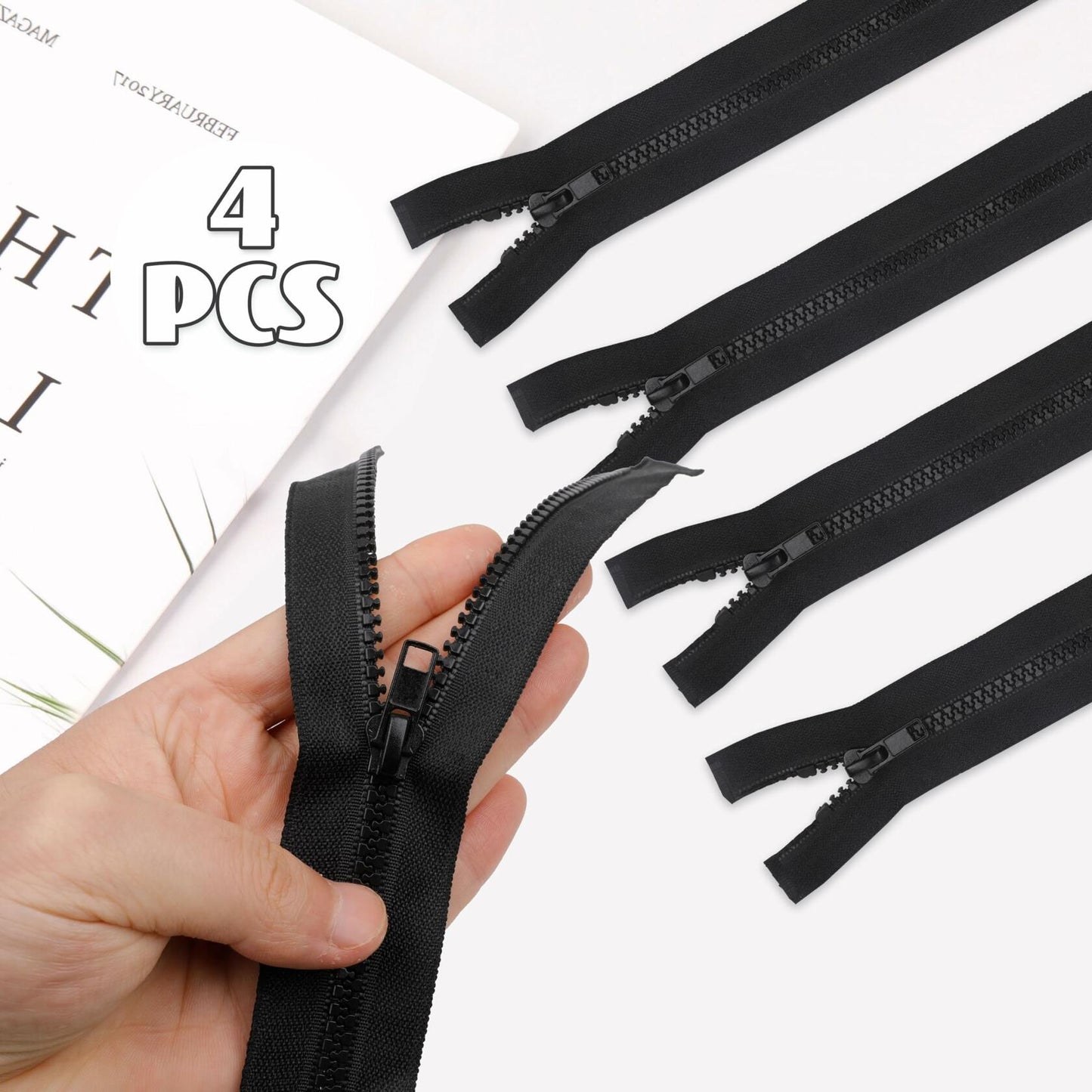 YAKA 4PCS #5 22in Separating Jacket Zippers Black Molded Plastic Size 22in