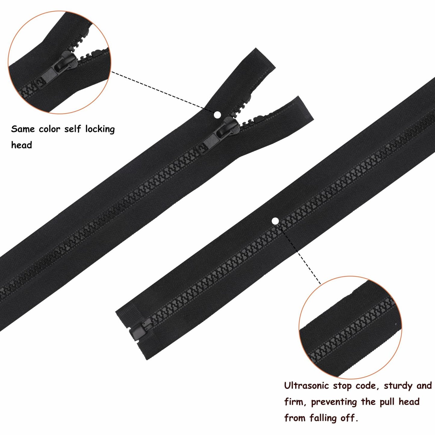 YAKA 4PCS #5 22in Separating Jacket Zippers Black Molded Plastic Size 22in