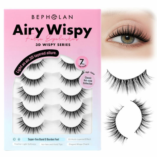 Bepholan False Eyelashes 7 Pairs Natural Wispy Reusable Clear Band W06