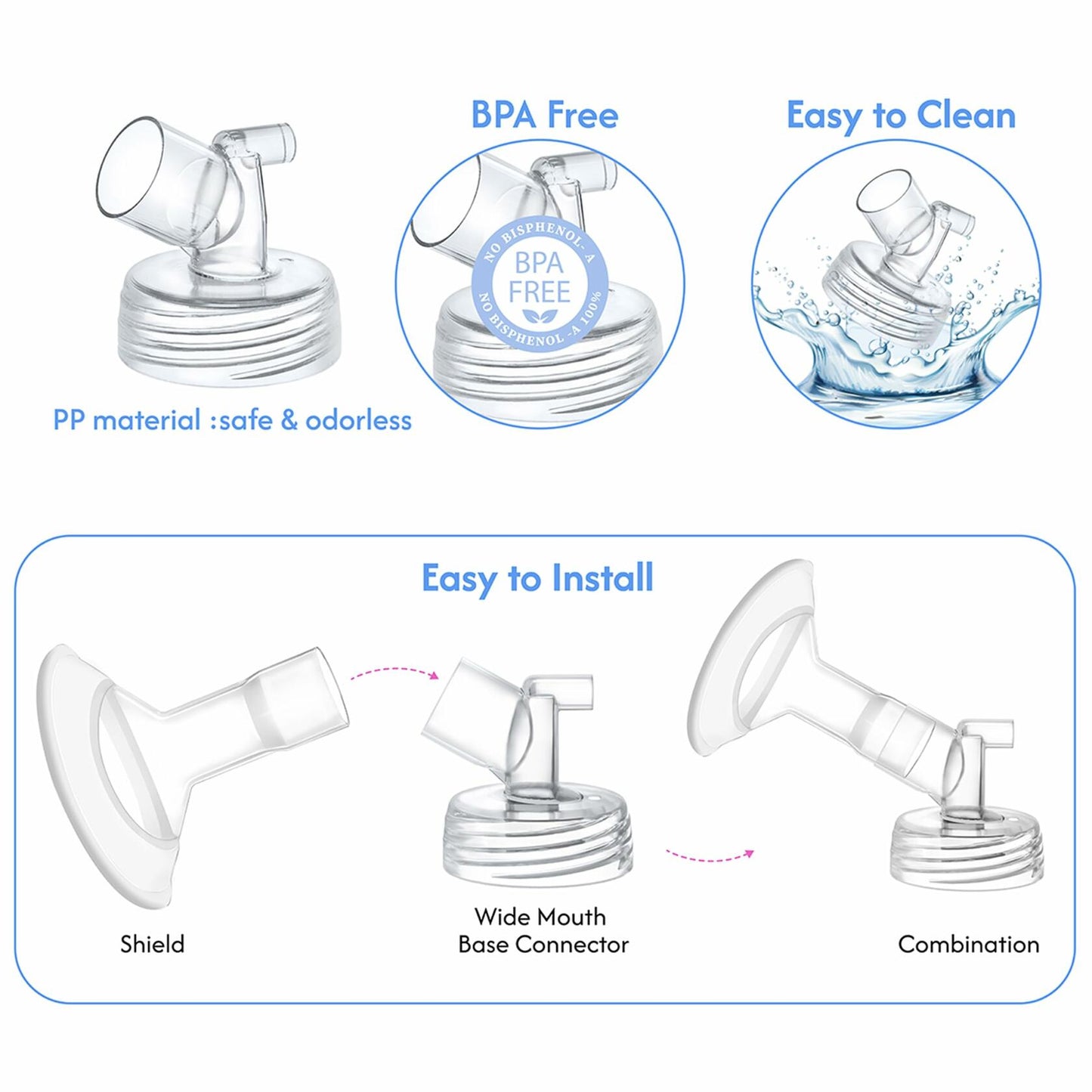 DIFKING Widemouth Connector 2pc for Spectra S1 S2 Medela Lansinoh Shields Clear