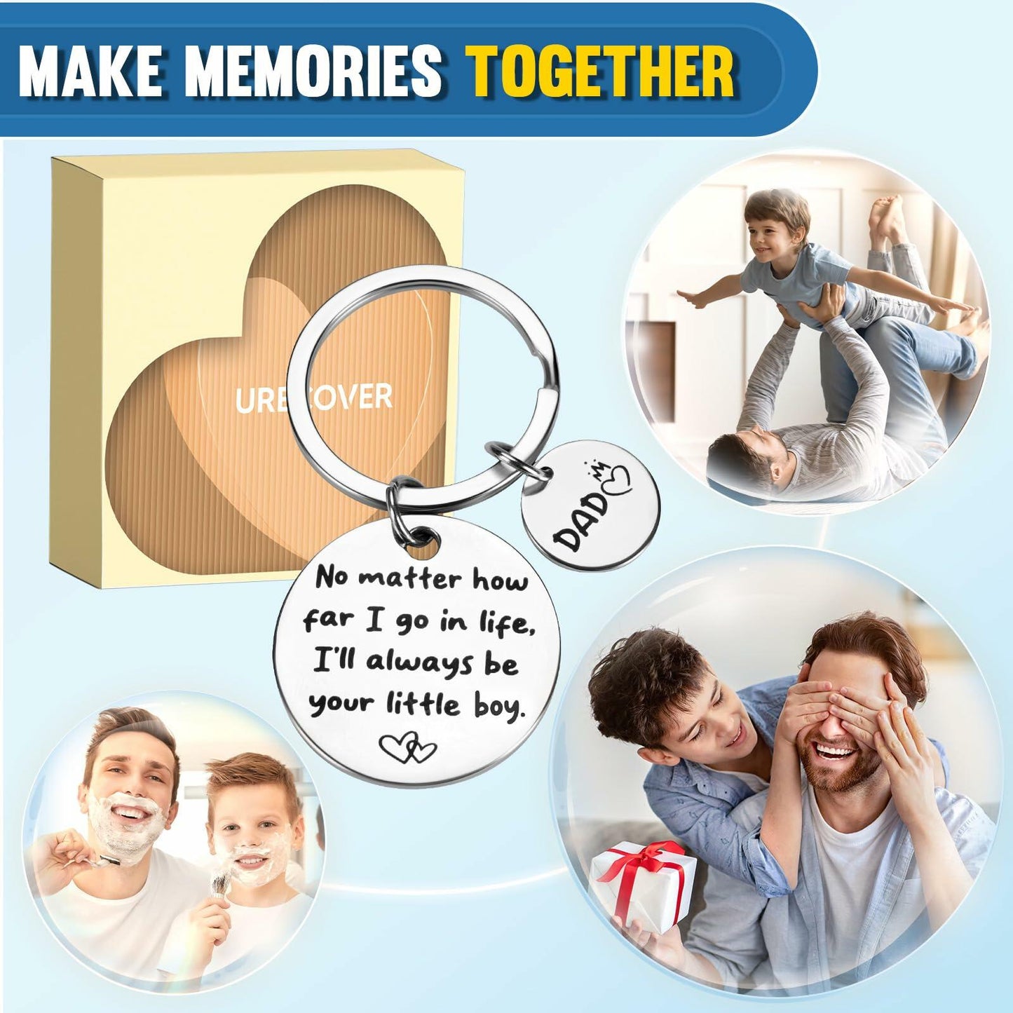 URECOVER Silver Stainless Steel Engraved Keychain for Dad from Son Hearts