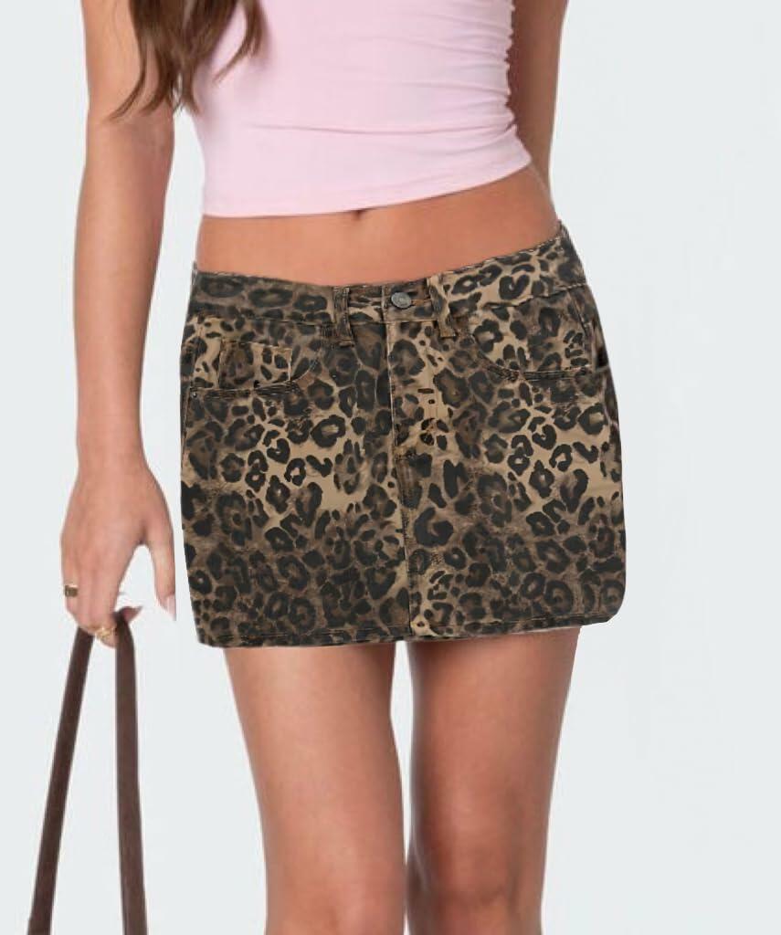 TYSSEDAL Women's Leopard Print Denim Mini Skirt High Waisted Small