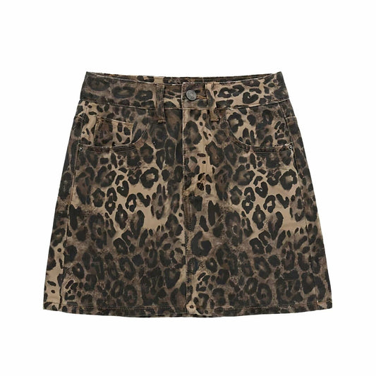 TYSSEDAL Women's Leopard Print Denim Mini Skirt High Waisted Small