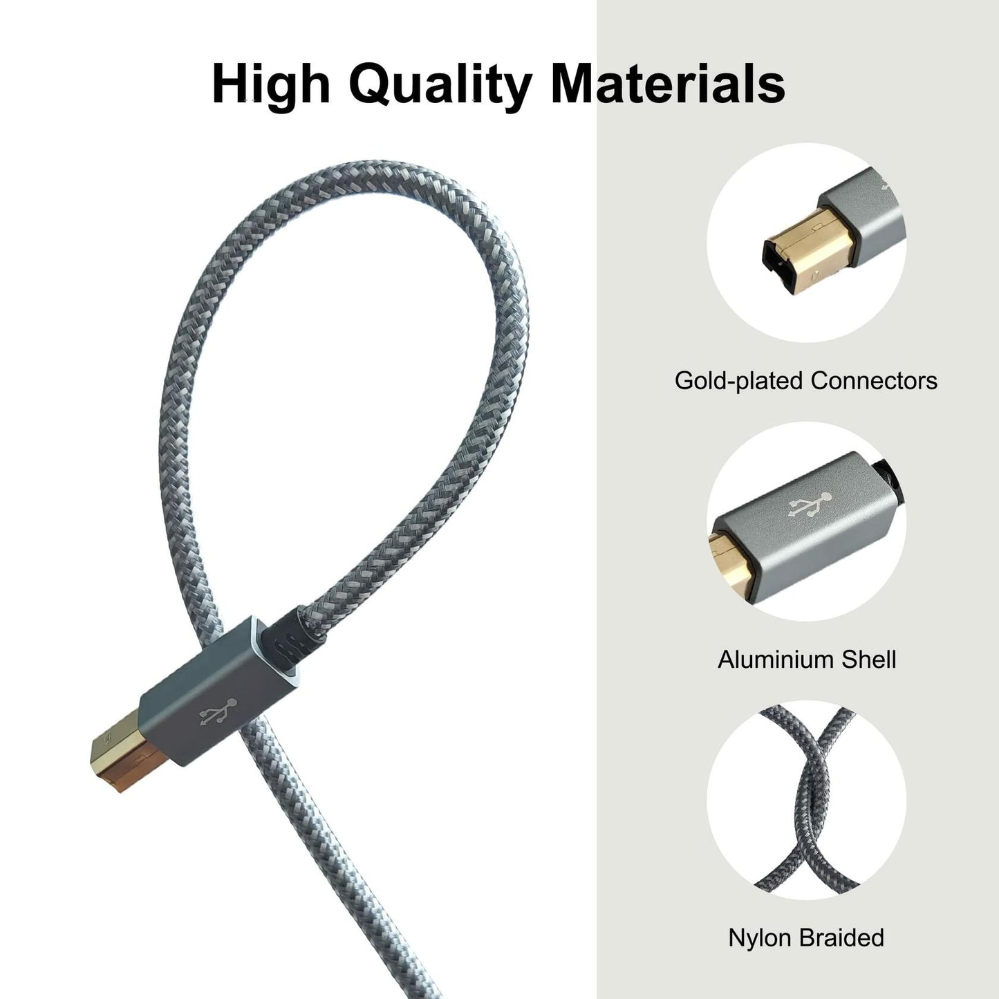 Delca 6ft Nylon Braided USB 2.0 Printer Cable Type A to B Gray