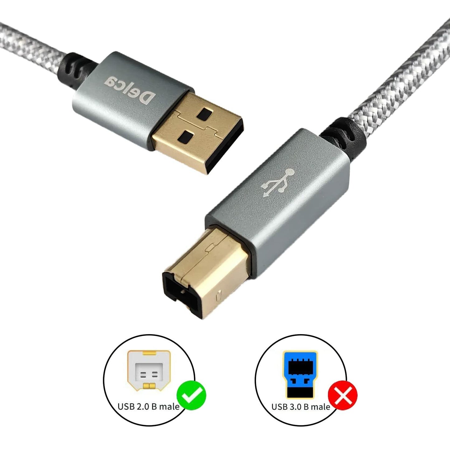 Delca 6ft Nylon Braided USB 2.0 Printer Cable Type A to B Gray