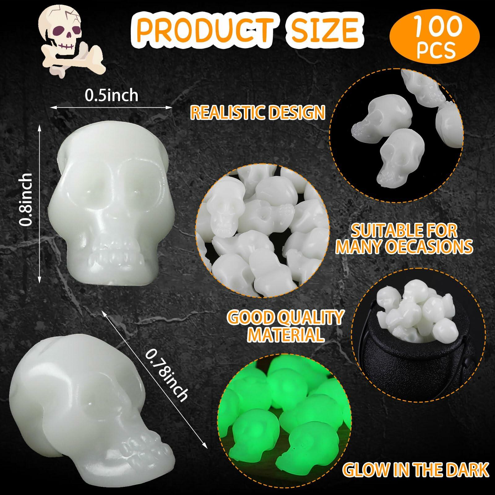 CCINEE 100PCS Glow in the Dark Mini Skull Heads Halloween Party Decor