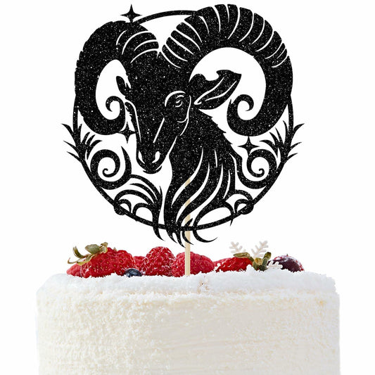 Aries Cake Topper – Black Glitter Zodiac Birthday Party Decor