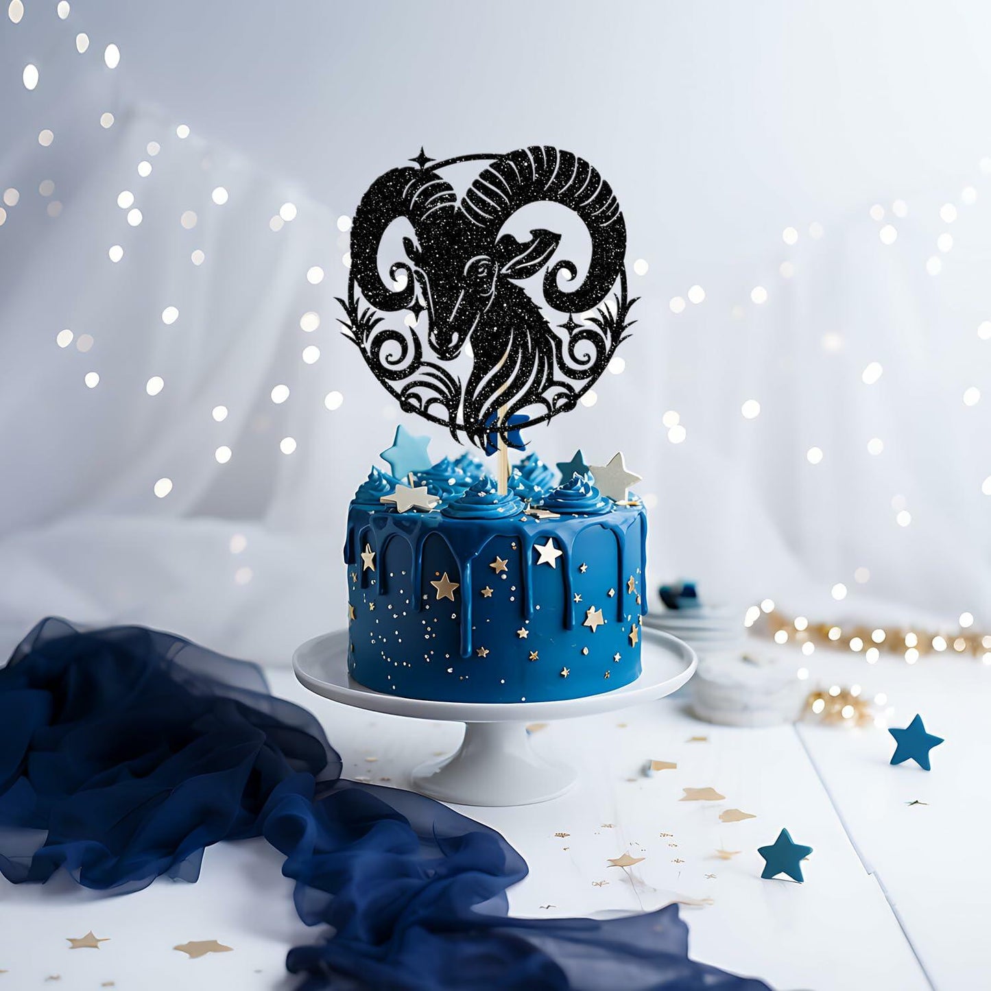 Aries Cake Topper – Black Glitter Zodiac Birthday Party Decor
