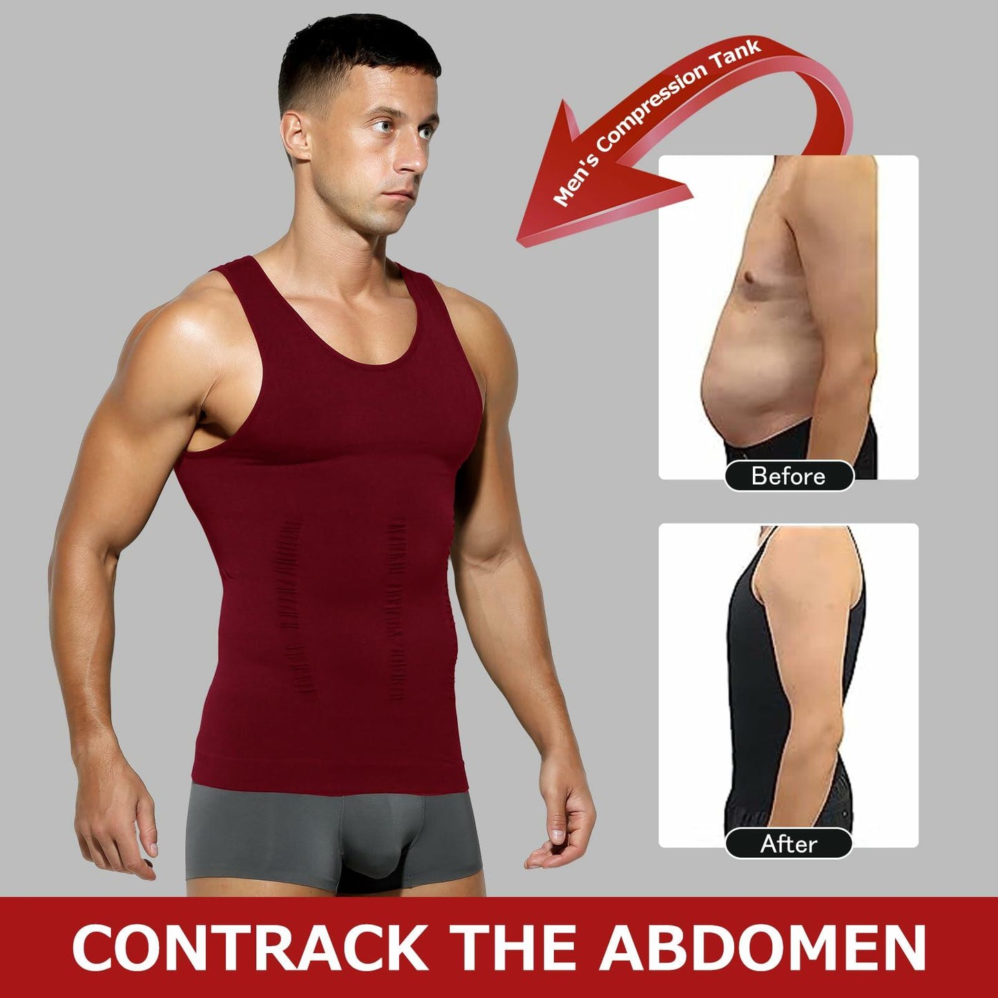 Casey Kevin Men’s Sleeveless Compression Shirt – Shapewear Vest Small, Wine Red