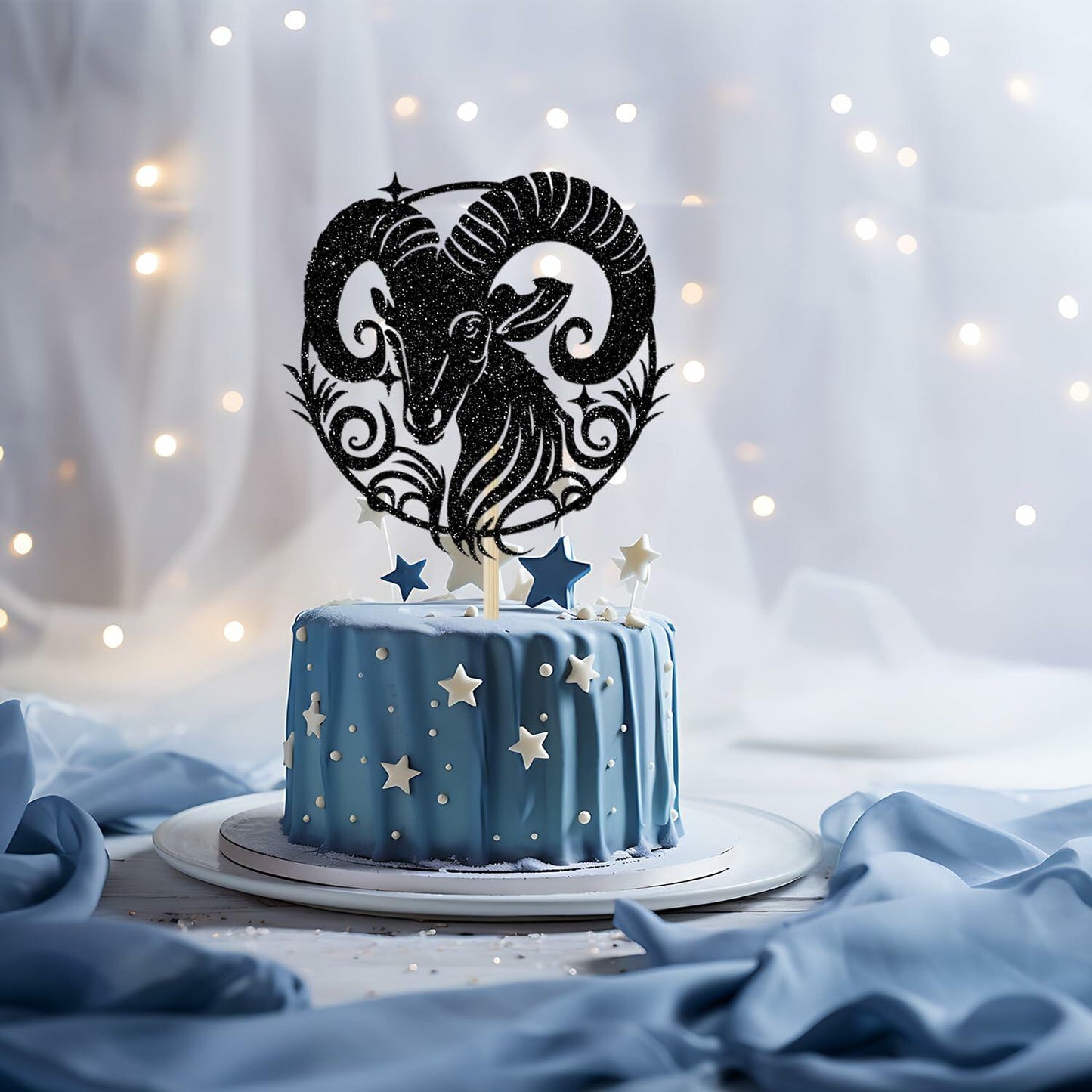 Aries Cake Topper – Black Glitter Zodiac Birthday Party Decor