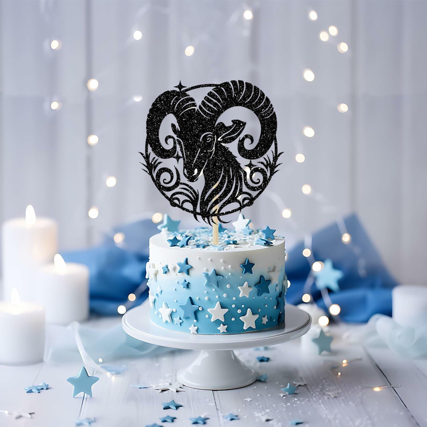 Aries Cake Topper – Black Glitter Zodiac Birthday Party Decor