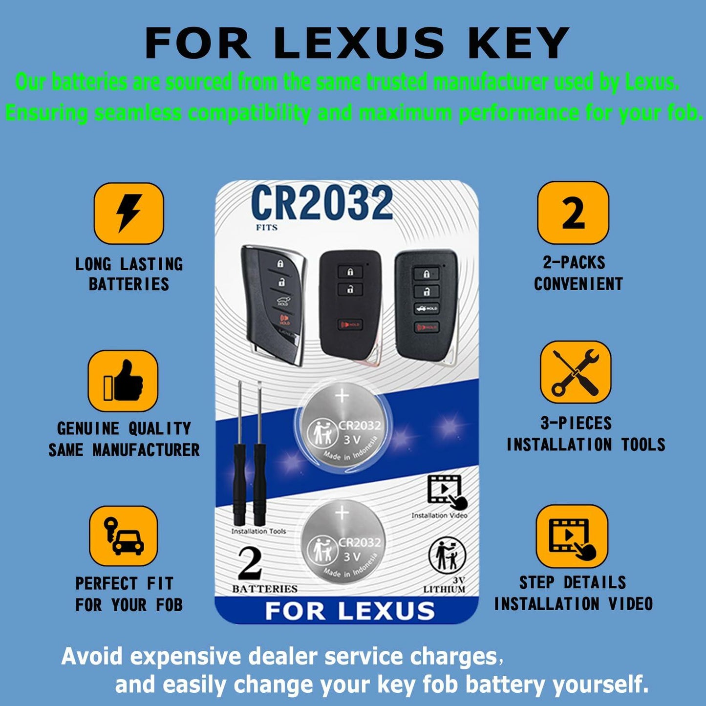 Key Fob Battery Replacement for Lexus Smart Remote CR2032 2-Pack