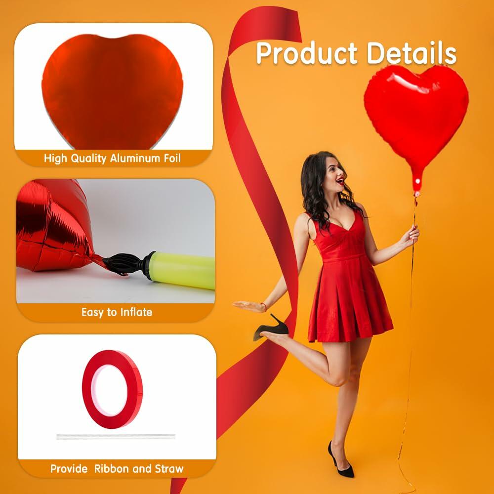 30 Pcs 18" Red Heart Foil Balloons w/ Ribbon for Party & Wedding