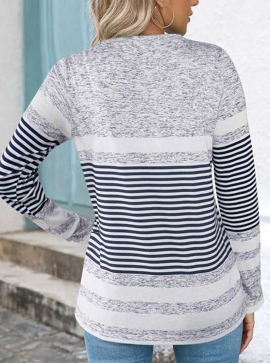 LilyCoco Womens Striped Shirt Color Block Crewneck Long Sleeve T Shirt Grey S