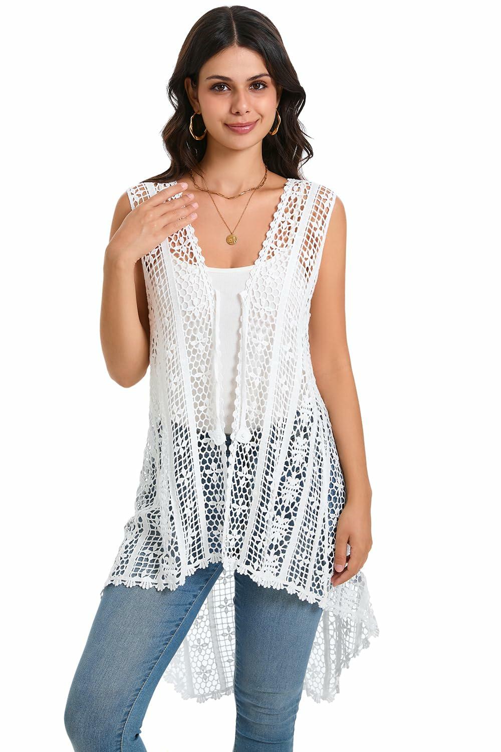 Cefulnel Women’s Crochet Vest Boho Hollow Lace Floral Sleeveless Cardigan