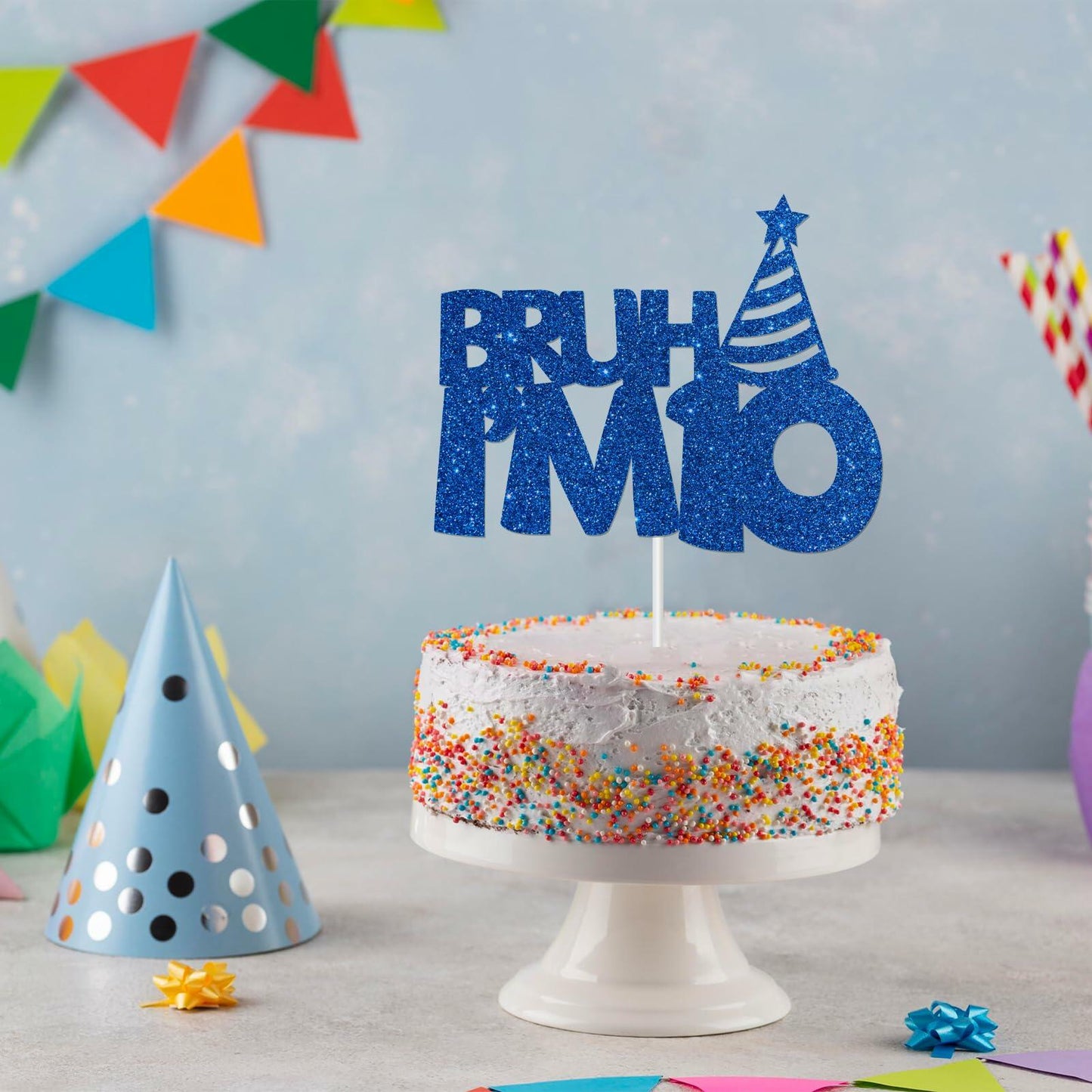 “Bruh I’m 10” Blue Glitter Cake Topper 10th Birthday Party Decor Kids Boys
