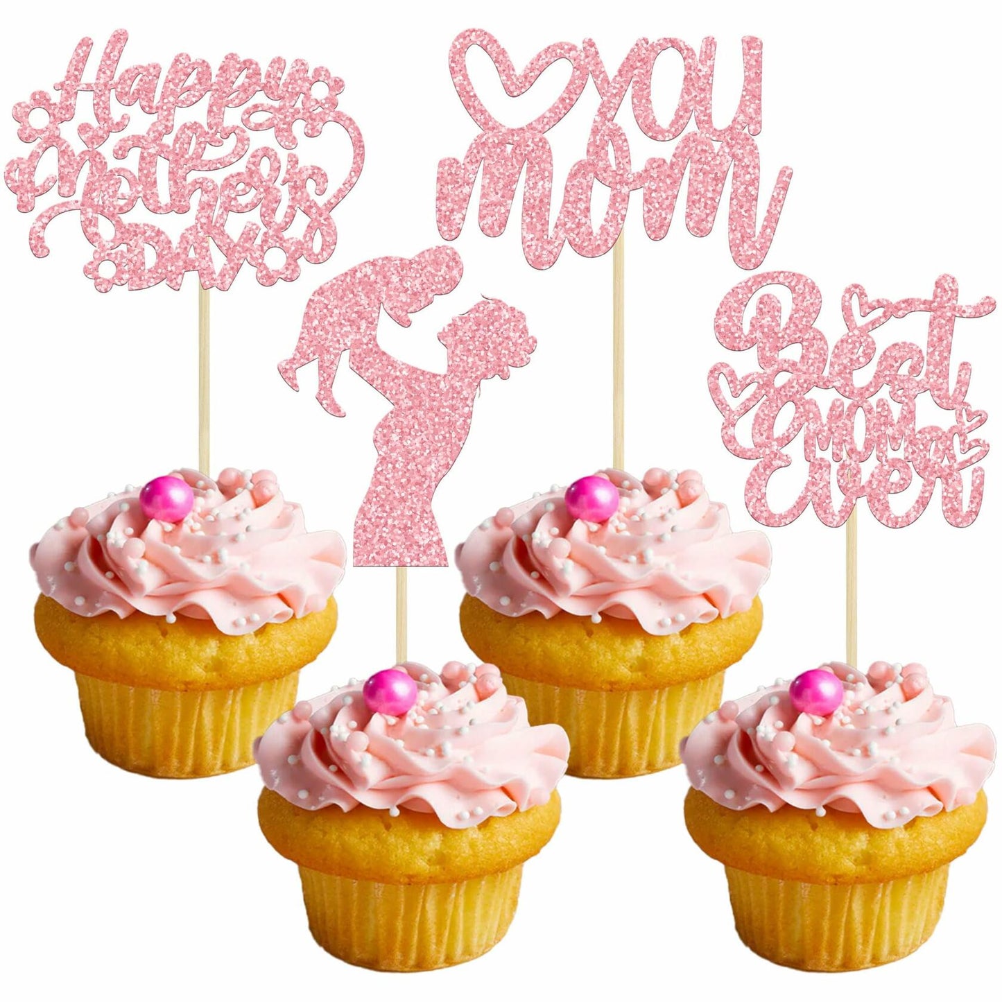 Gyufise 24-Pack Pink Mother’s Day Cupcake Toppers Love You Mom Cake Picks
