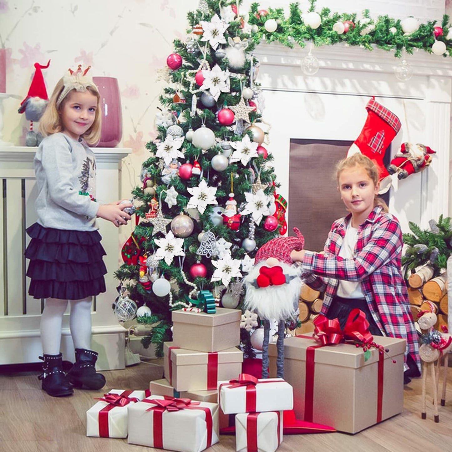 KEPATO Christmas Glitter Poinsettia Christmas Tree Ornaments Pack of 12 (White)