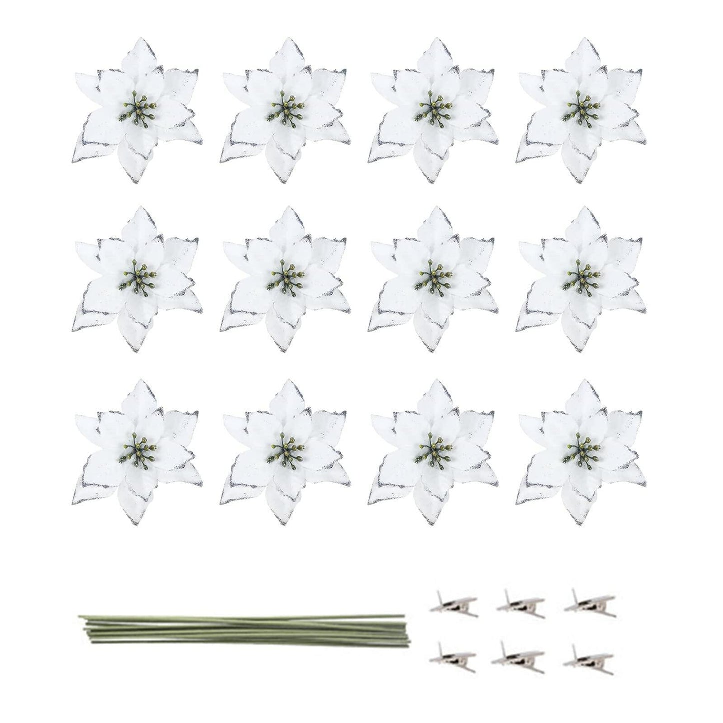KEPATO Christmas Glitter Poinsettia Christmas Tree Ornaments Pack of 12 (White)