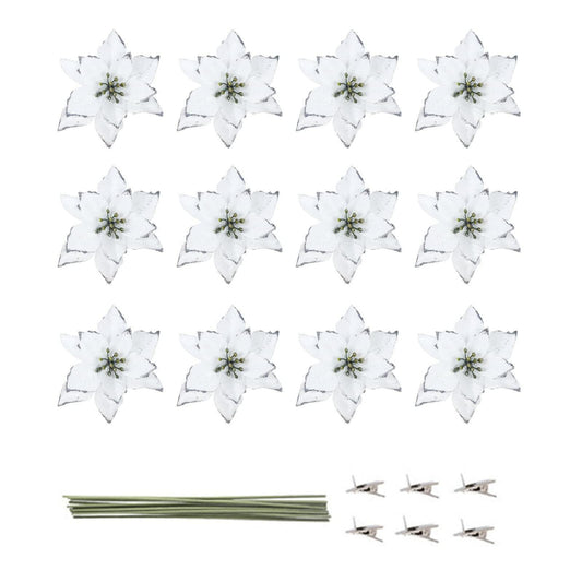 KEPATO Christmas Glitter Poinsettia Christmas Tree Ornaments Pack of 12 (White)