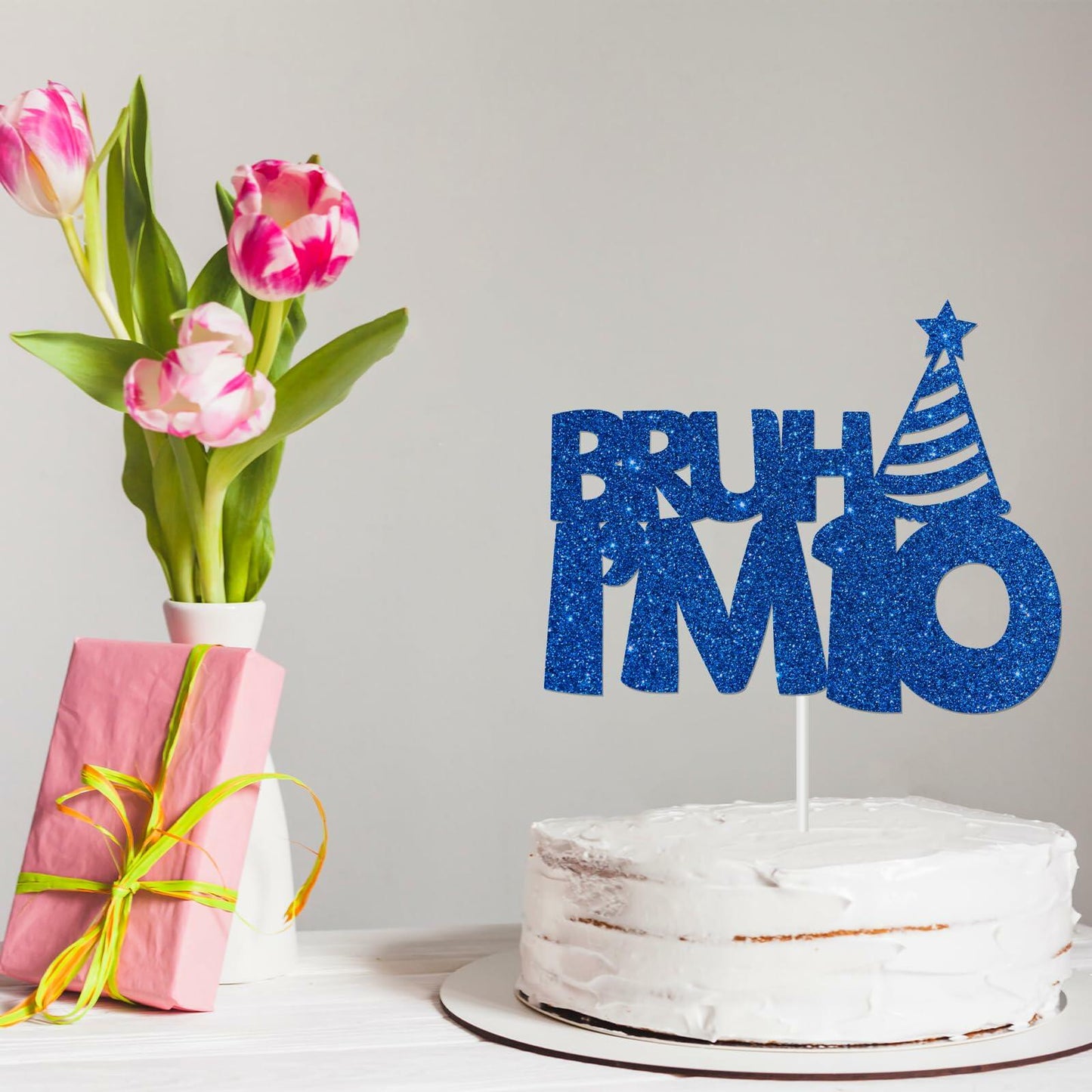 “Bruh I’m 10” Blue Glitter Cake Topper 10th Birthday Party Decor Kids Boys