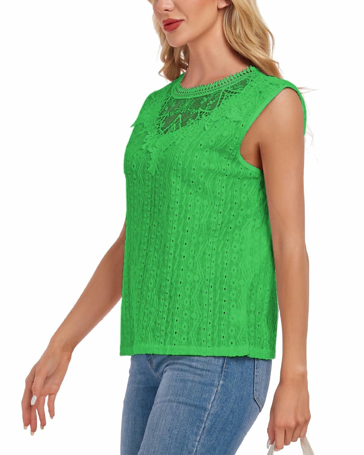 AGWISH Women High Neck Lace Tank Top Sleeveless Rib Summer Medium Green