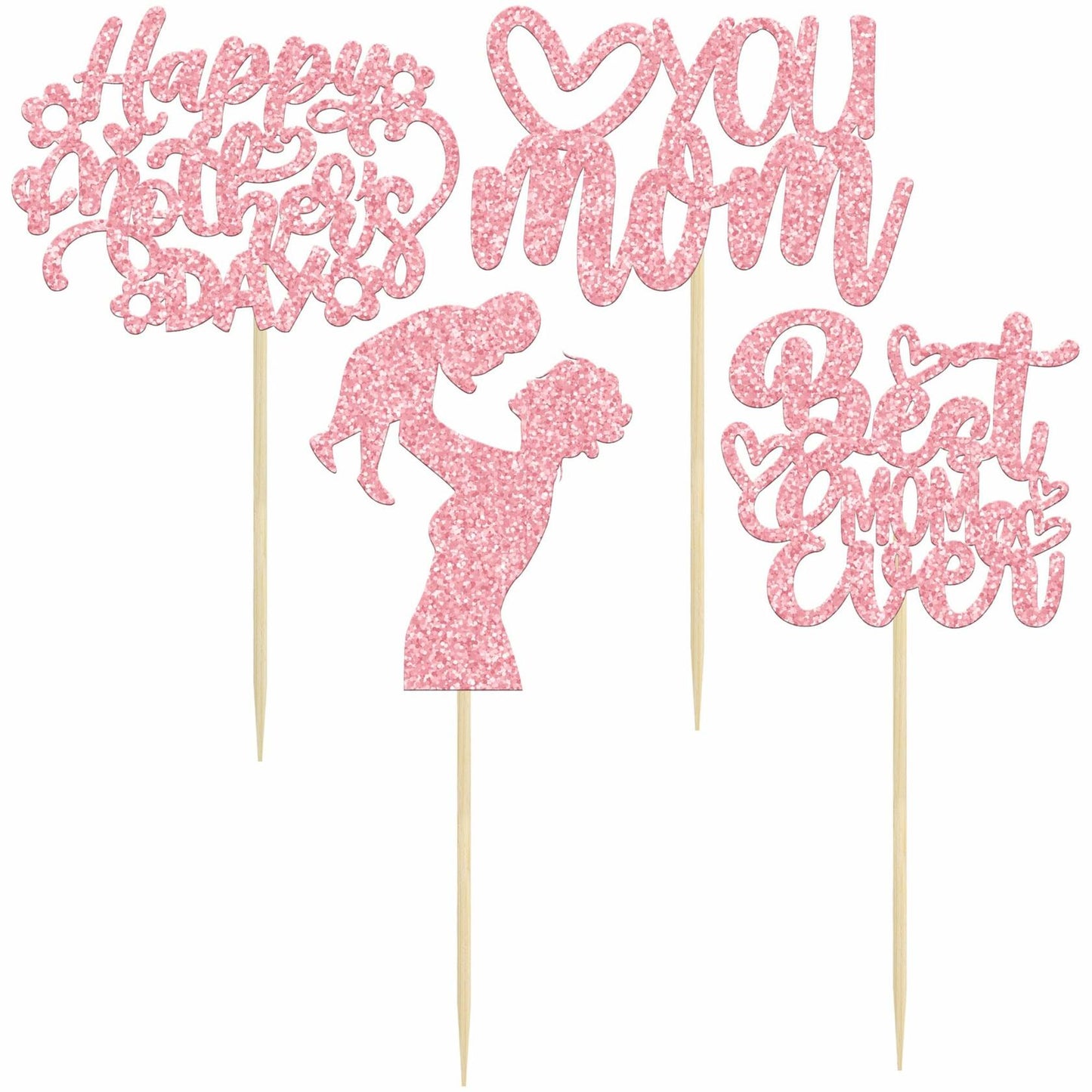 Gyufise 24-Pack Pink Mother’s Day Cupcake Toppers Love You Mom Cake Picks