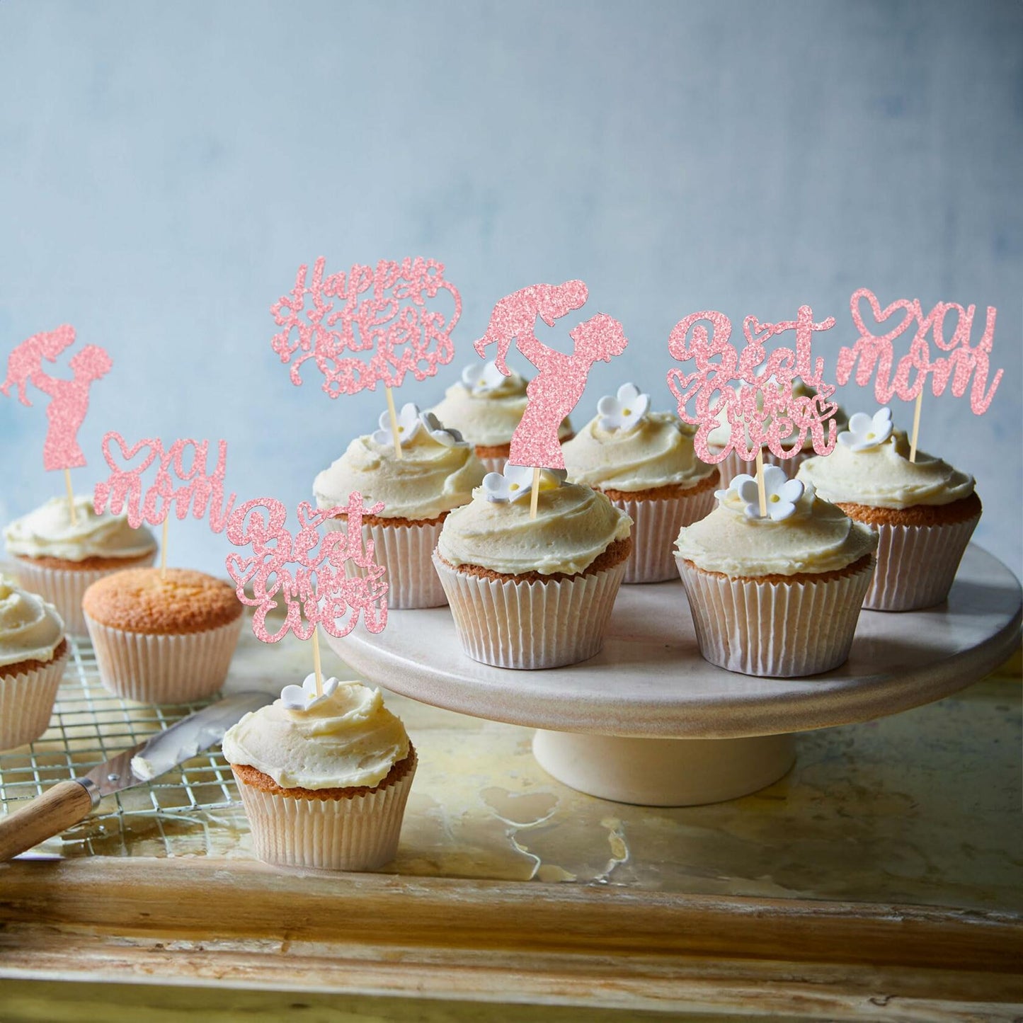 Gyufise 24-Pack Pink Mother’s Day Cupcake Toppers Love You Mom Cake Picks