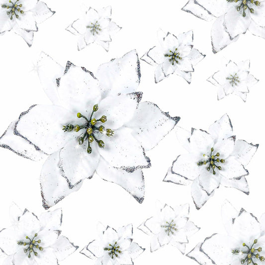 KEPATO Christmas Glitter Poinsettia Christmas Tree Ornaments Pack of 12 (White)