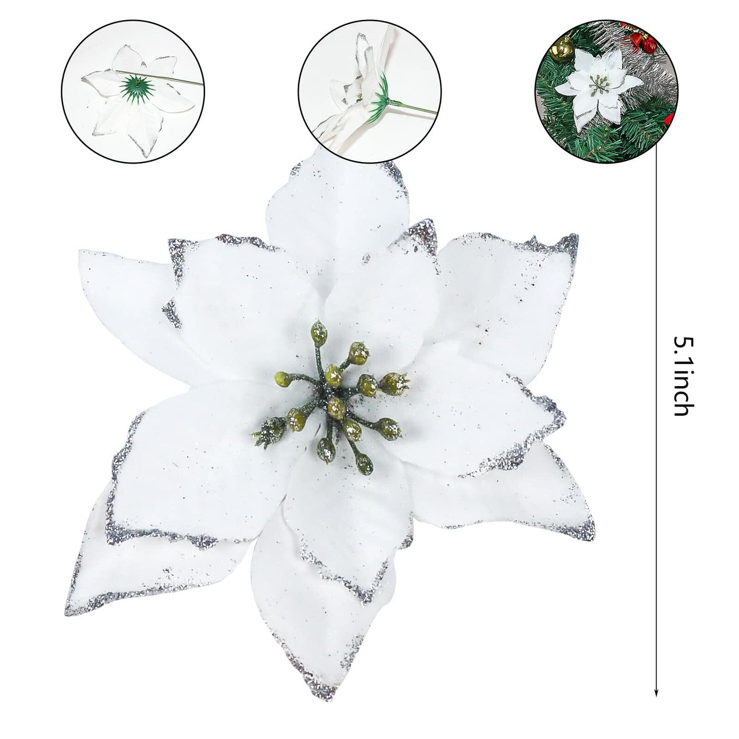 KEPATO Christmas Glitter Poinsettia Christmas Tree Ornaments Pack of 12 (White)