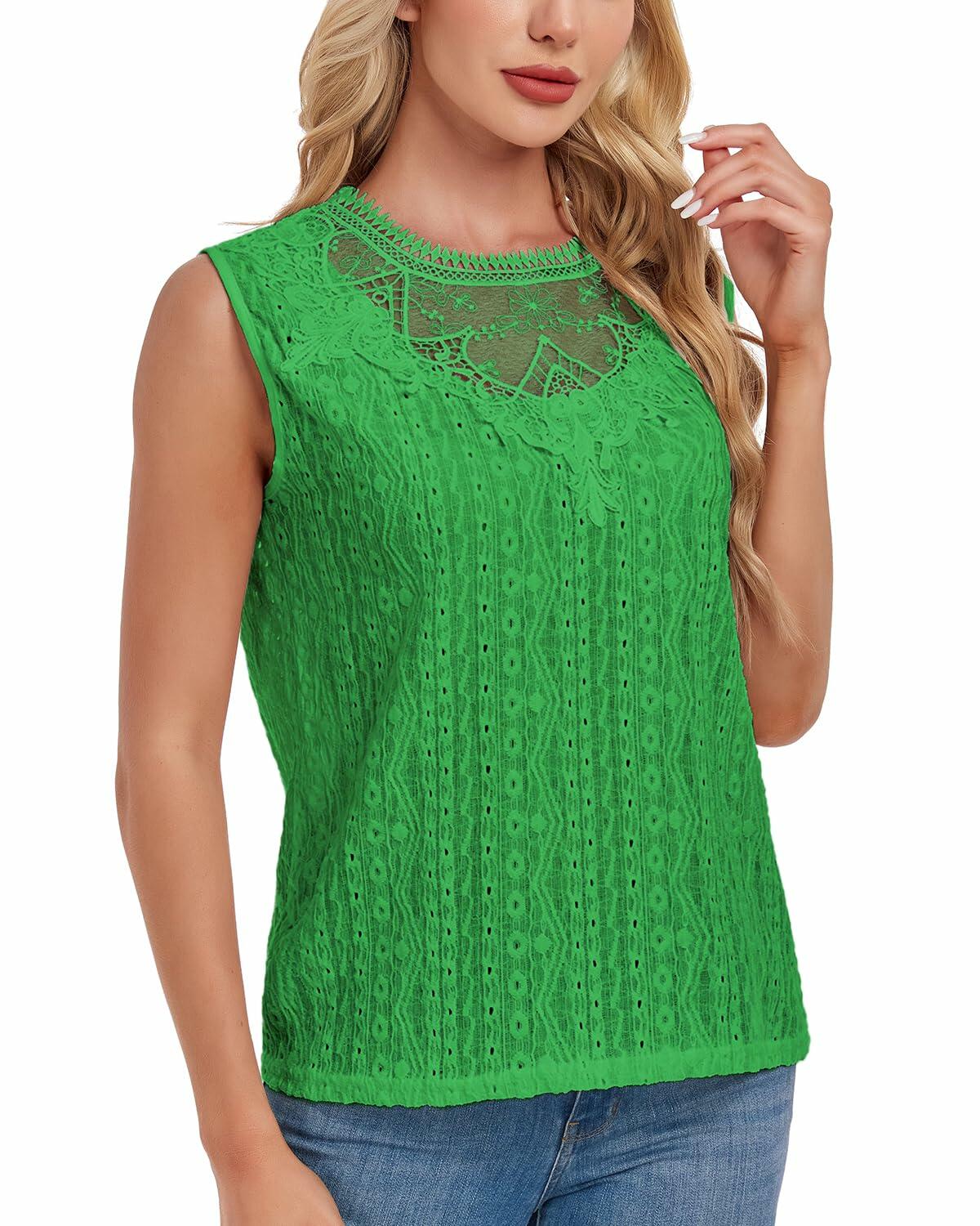 AGWISH Women High Neck Lace Tank Top Sleeveless Rib Summer Medium Green