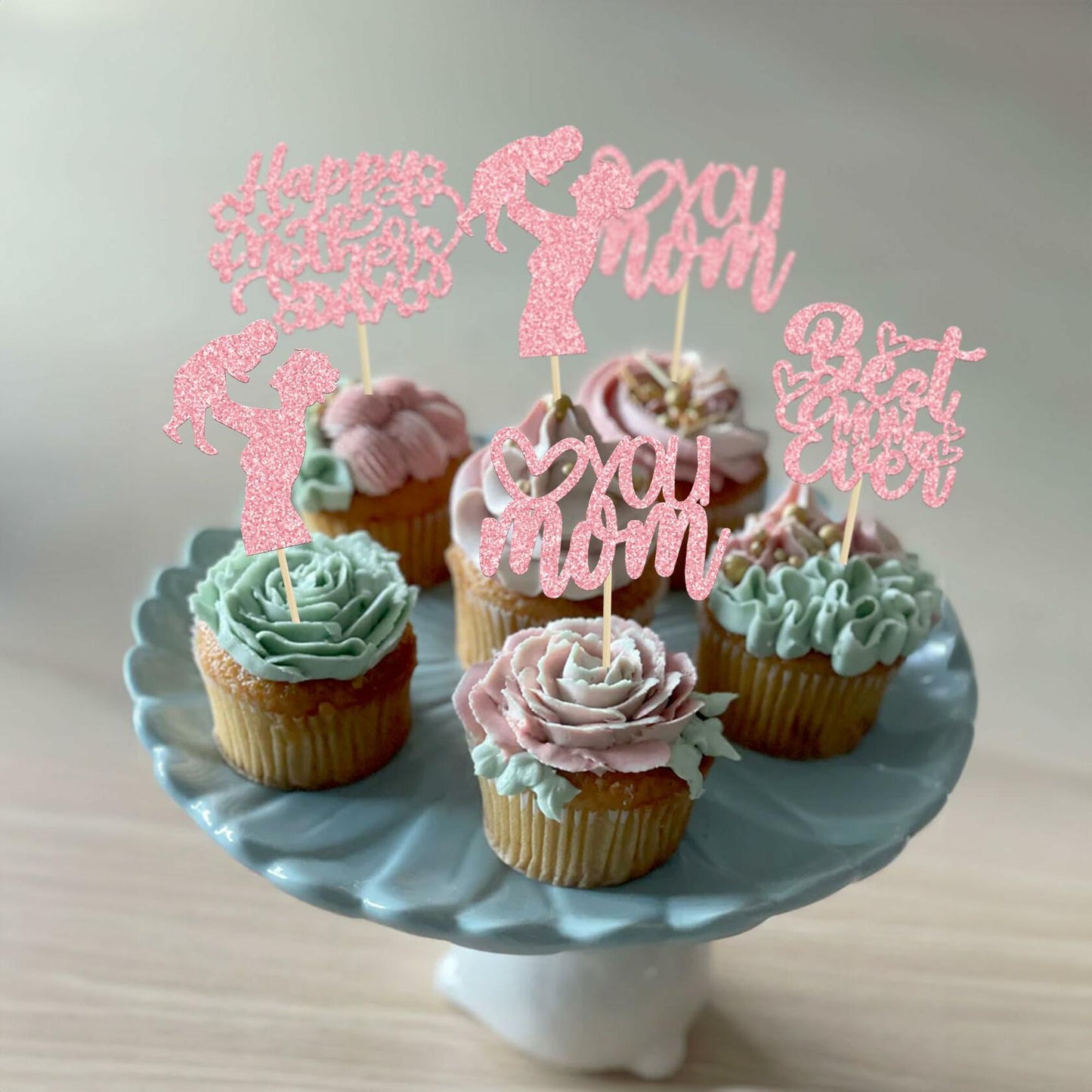 Gyufise 24-Pack Pink Mother’s Day Cupcake Toppers Love You Mom Cake Picks