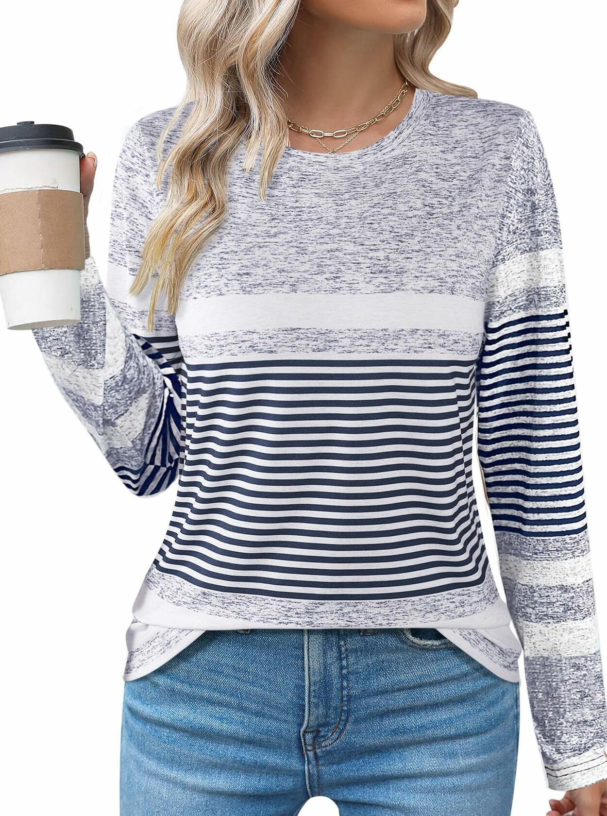 LilyCoco Womens Striped Shirt Color Block Crewneck Long Sleeve T Shirt Grey S